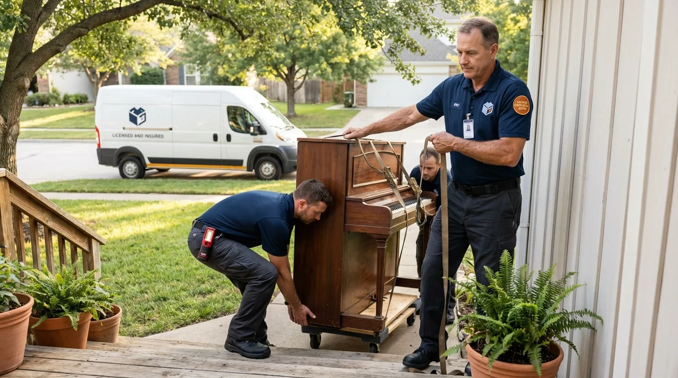 Licensed piano movers securing grand piano in Gunnison, CO