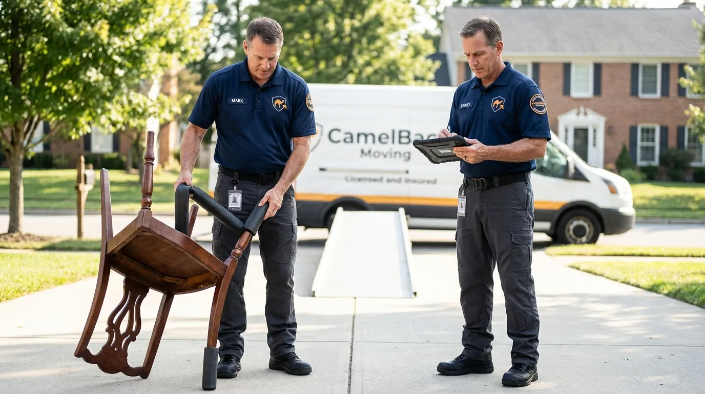 Movers inspecting furniture for damage prevention before loading in Gunnison, CO