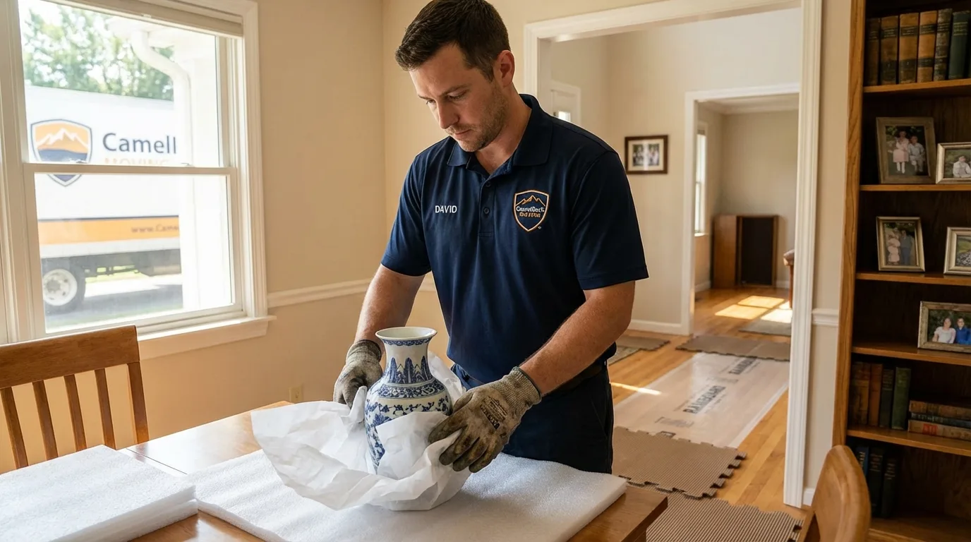 Professional crew carefully wrapping antique vase for senior downsizing move in Gunnison, CO